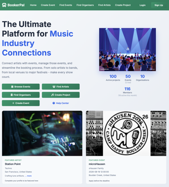 BookerPal homepage — music industry connections for artists, organisers, and events